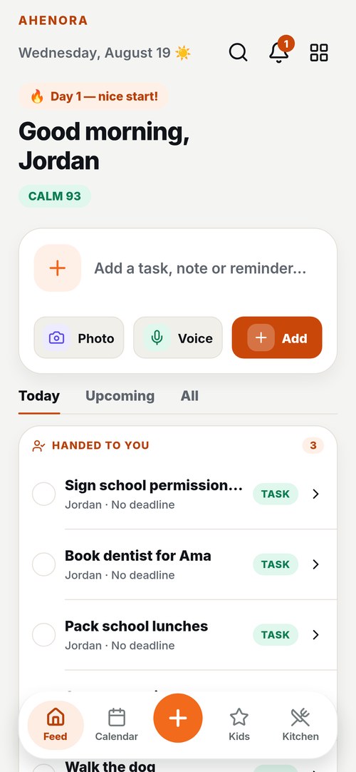 The Ahenora feed showing today's tasks and family activity