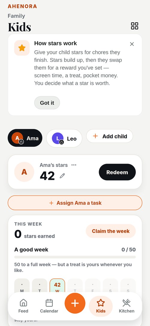 The Kids screen showing chores, stars and rewards